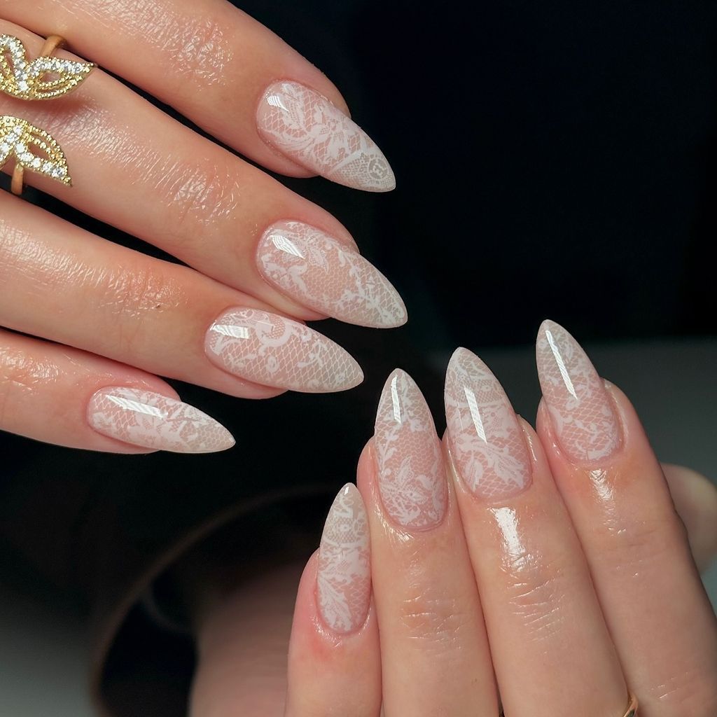 White Lace Pattern Overlay On All Nails Visual Idea — Floral Wedding Nails 2027