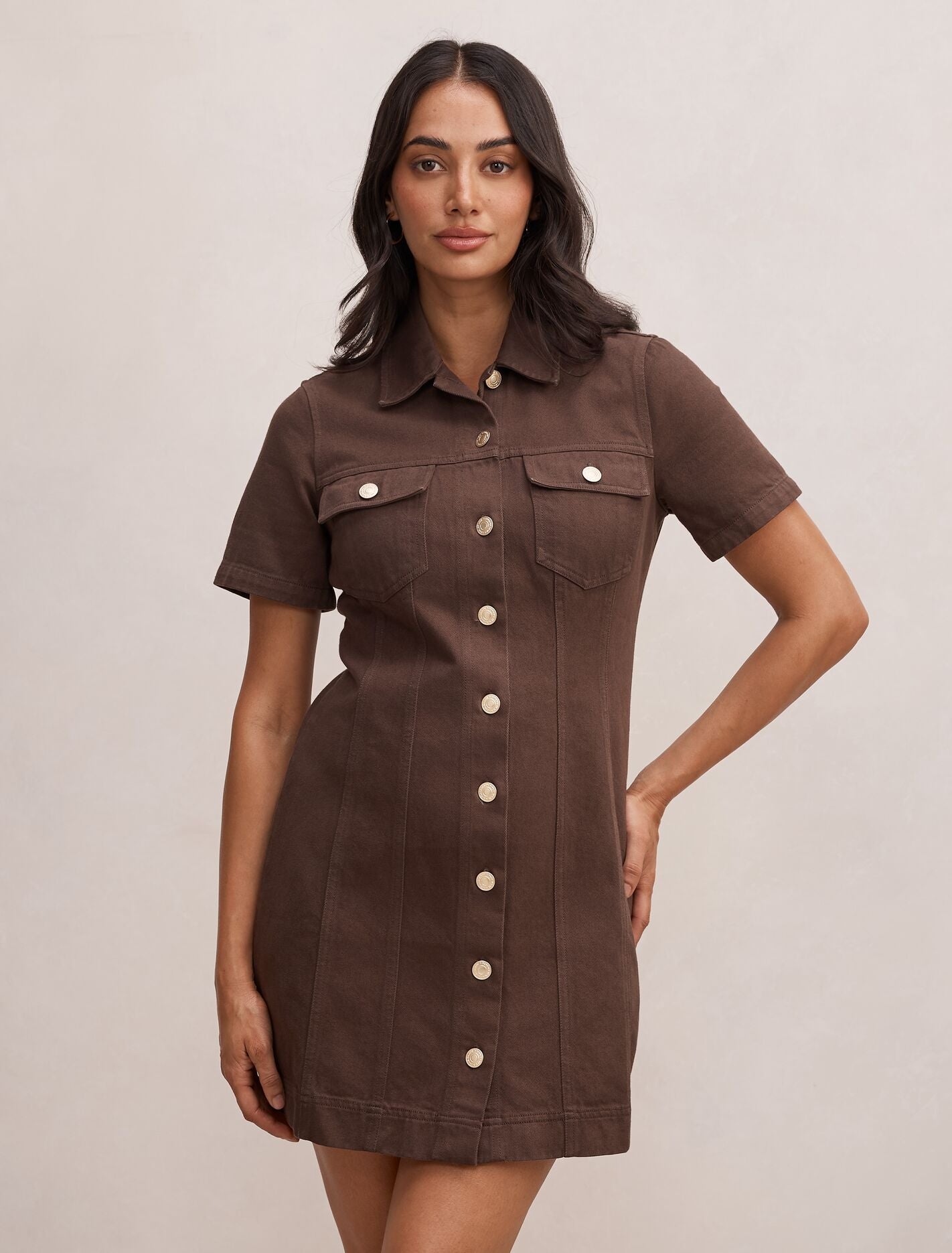 Brown Cotton Twill Button-Up Dress with Pockets Brown Cotton Twill Button-Up Dress with Pockets — Button Up Dress 2027