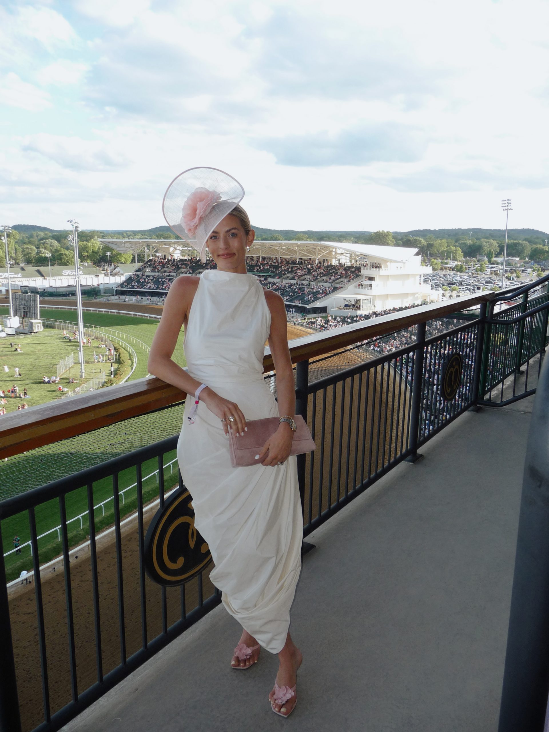 Ivory Maxi Dress and Pink Fascinator — Kentucky Derby Outfits 2027