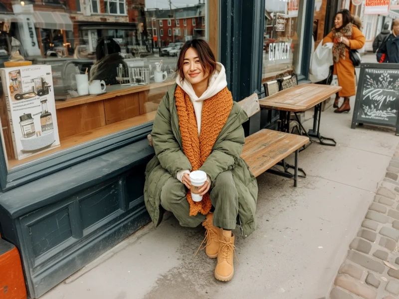 Olive Puffer Coat with Vibrant Scarf Olive Puffer Coat with Vibrant Scarf — Cozy Winter Outfits 2027