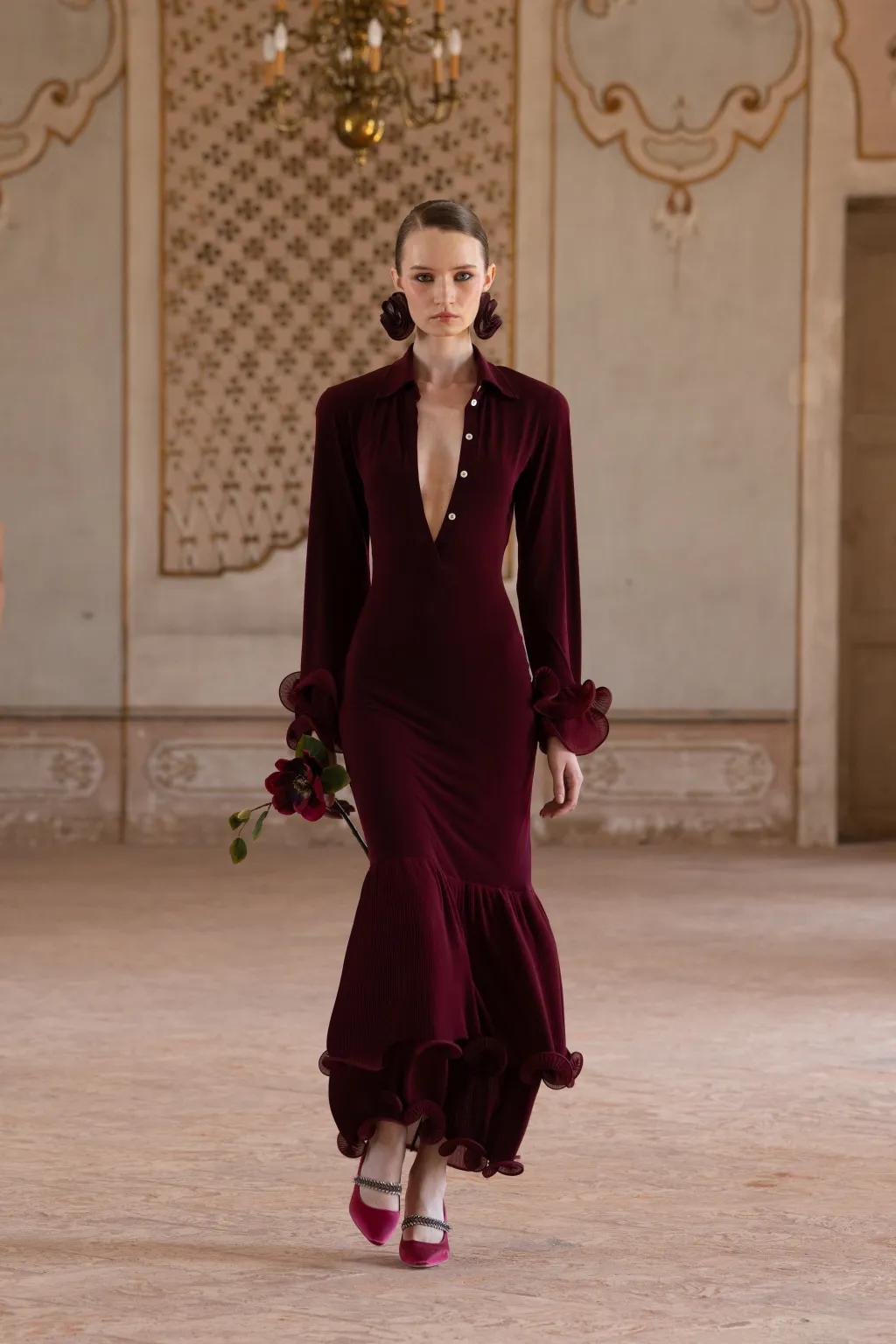 Avant-Garde Burgundy Velvet Dress with Ruffled Sleeves — Burgundy Outfits 2027