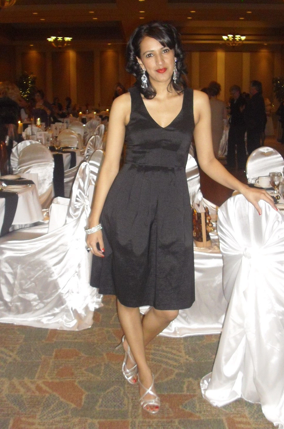 Black Satin Fit-and-Flare Dress with Silver Accessories Black Satin Fit-and-Flare Dress with Silver Accessories — Old Hollywood Outfits 2027