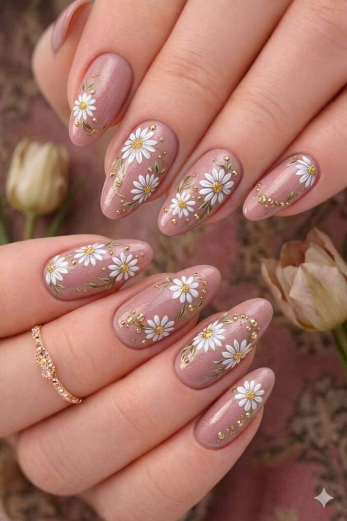 Dusty Rose Daisies with Gold Beads Dusty Rose Daisies with Gold Beads — Daisy Flower Nails 2027