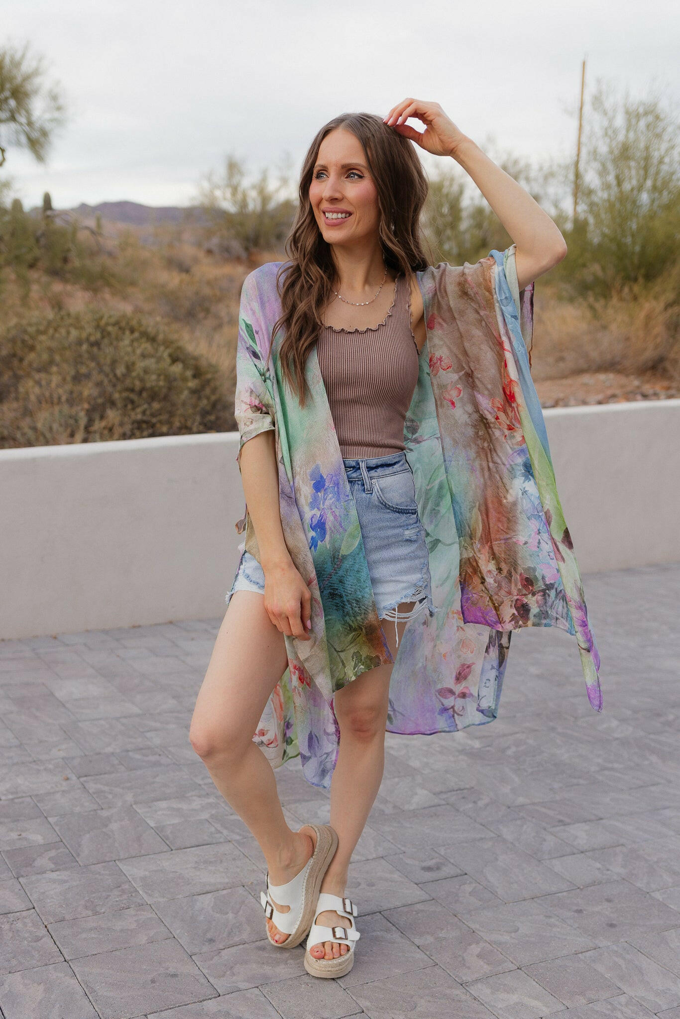 Floral Kimono over Ribbed Tank and Denim Shorts Floral Kimono over Ribbed Tank and Denim Shorts — Arizona Outfits 2027