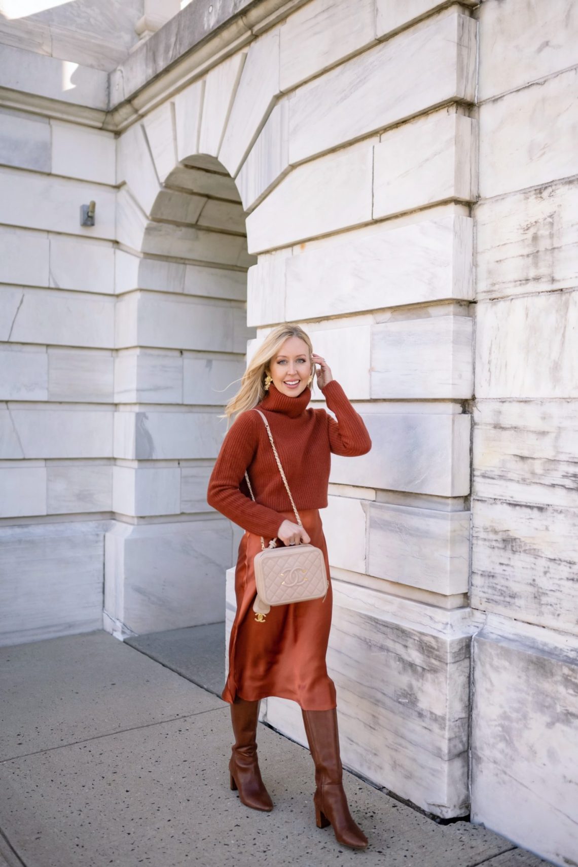 Rust Knit Turtleneck Paired with Satin Midi — Sweater and Skirt Outfits 2027