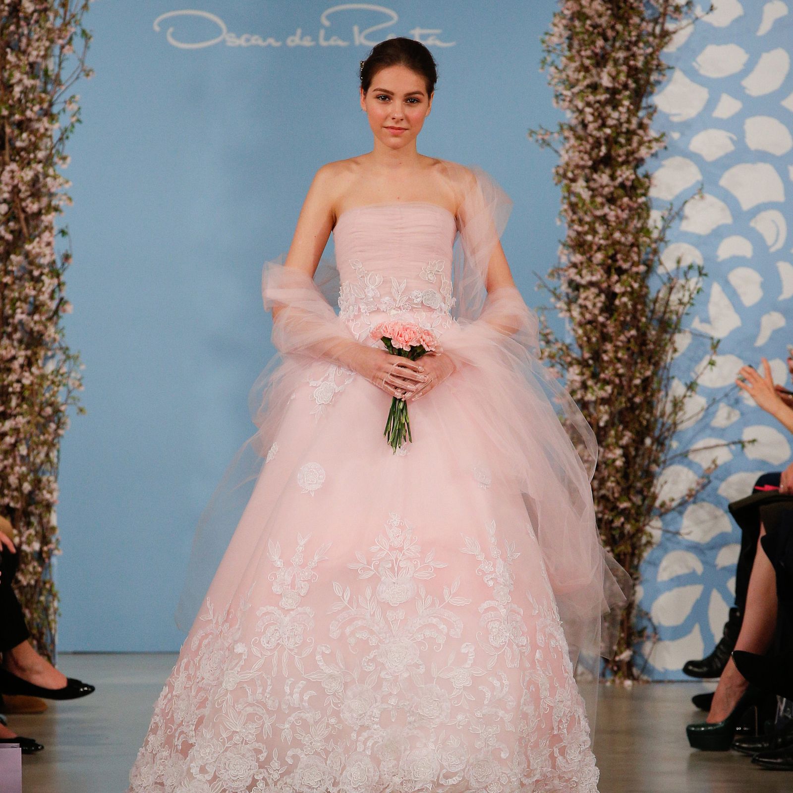 Blush Pink Strapless Ballgown with White Lace — Colored Wedding Dresses 2027