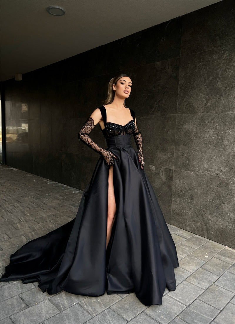 Elegant Black Satin Ballgown with Lace Gloves and High Slit Elegant Black Satin Ballgown with Lace Gloves and High Slit — Black Prom Dresses 2027