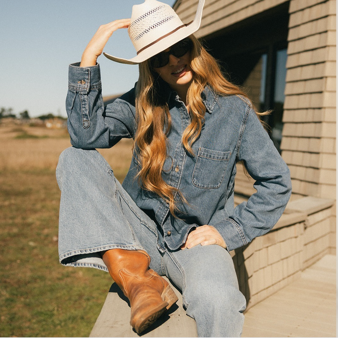 Effortless Cowboy Cool: Denim Shirt, Wide-Leg Jeans, and Hat Effortless Cowboy Cool: Denim Shirt, Wide-Leg Jeans, and Hat — Western Outfits 2027