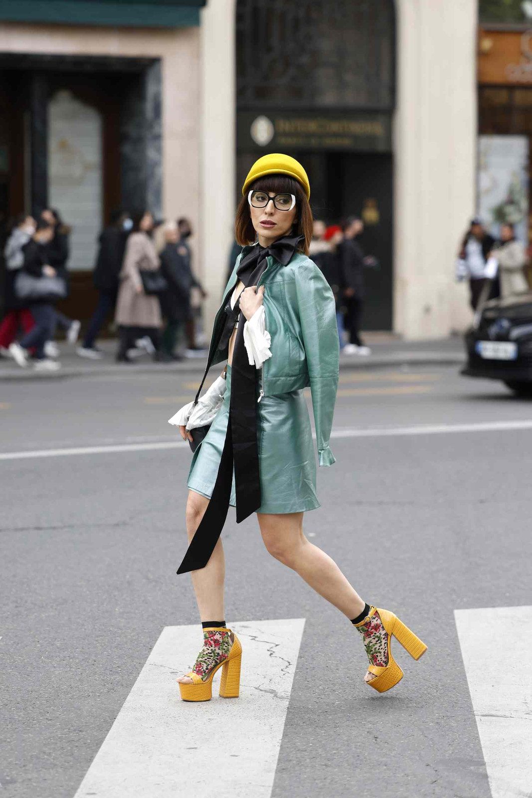 Floral Print Socks with Yellow Platform Heels and Bomber Jacket — Socks 2027 with Heels Outfits