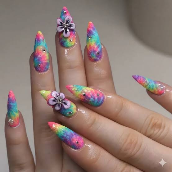Tie-Dye with 3D Flowers Tie-Dye with 3D Flowers — Rainbow Rave Nails 2027