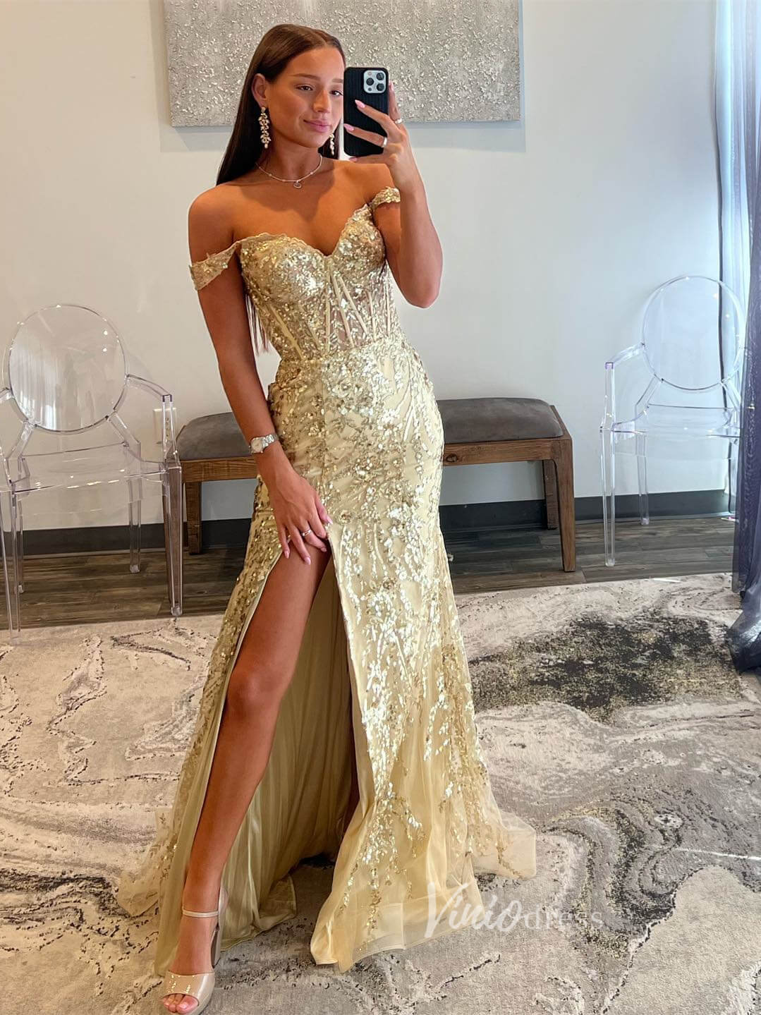 Gold Mermaid Sequin Dress with Off-the-Shoulder Neckline — Sequin Dress New Years 2027
