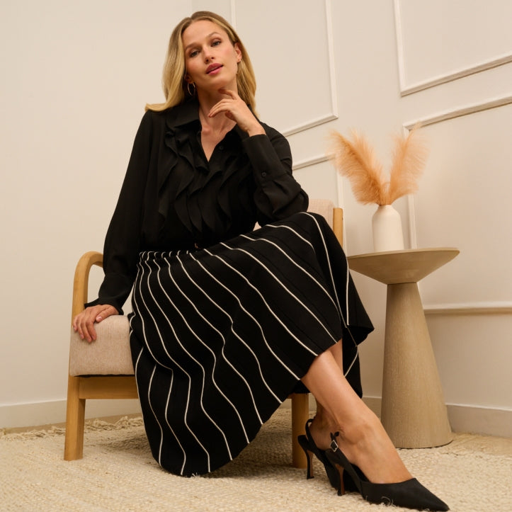 Striped A-Line Skirt with Ruffled Collared Shirt — Tiered Skirt Outfits 2027