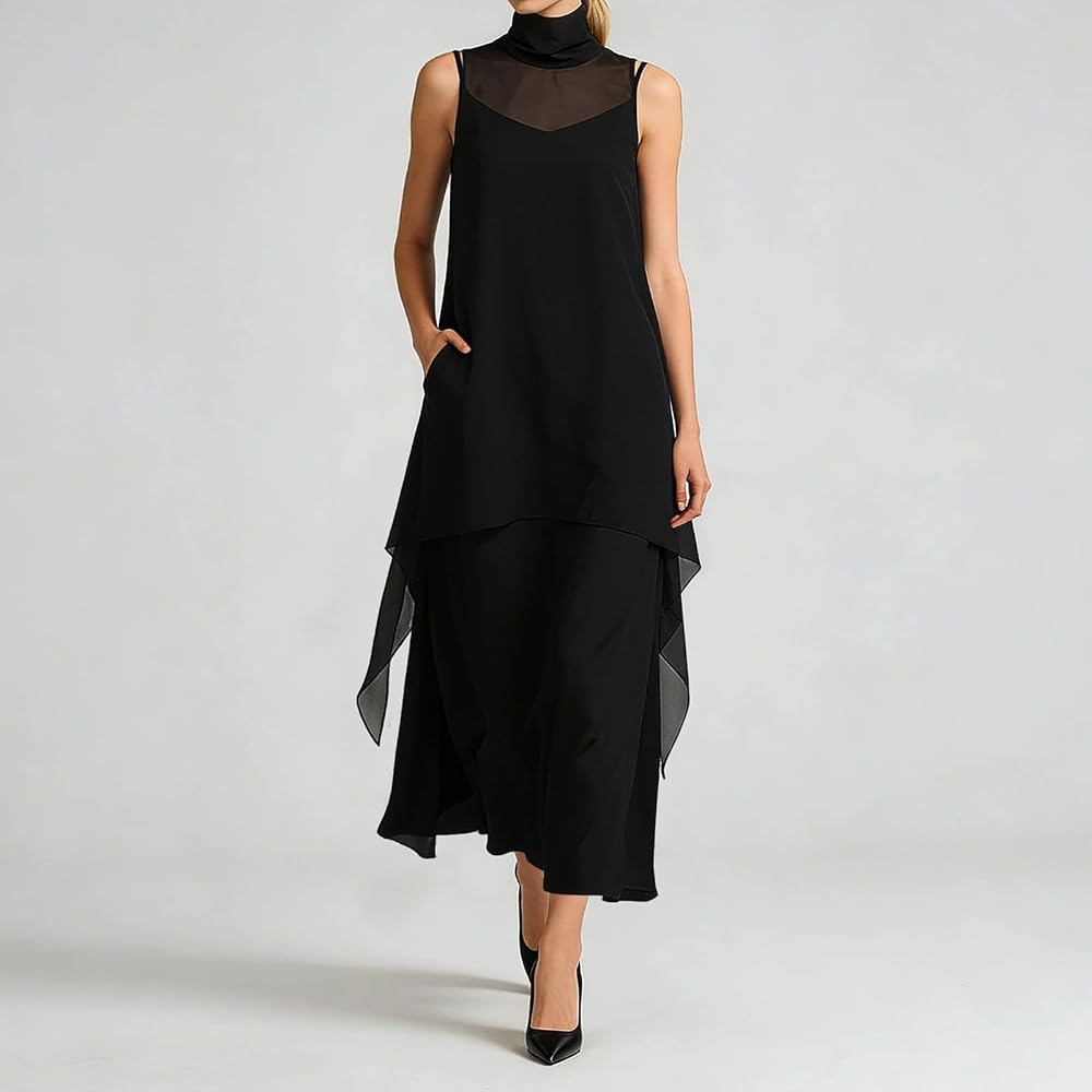Black High-Neck Sleeveless Chiffon Overlay Dress Black High-Neck Sleeveless Chiffon Overlay Dress — Chiffon Dress Outfits 2027