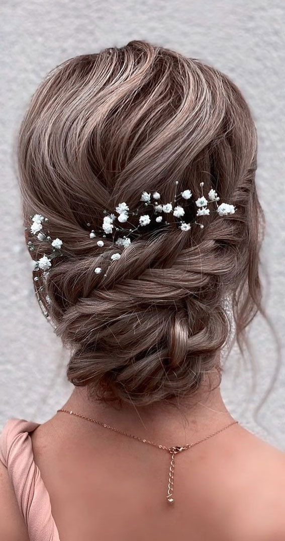 Ash Brown Braided Updo With Baby's Breath Ash Brown Braided Updo With Baby's Breath — Wedding Hairstyles 2027 for Short Hair