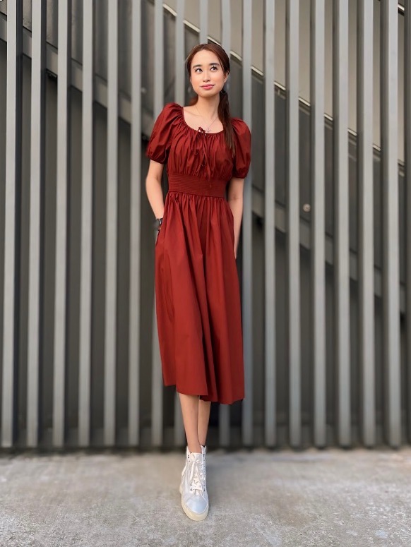 Rust Puff Sleeve Midi Dress Paired with High-Top Sneakers Rust Puff Sleeve Midi Dress Paired with High-Top Sneakers — Puff Sleeve Dress Outfits 2027