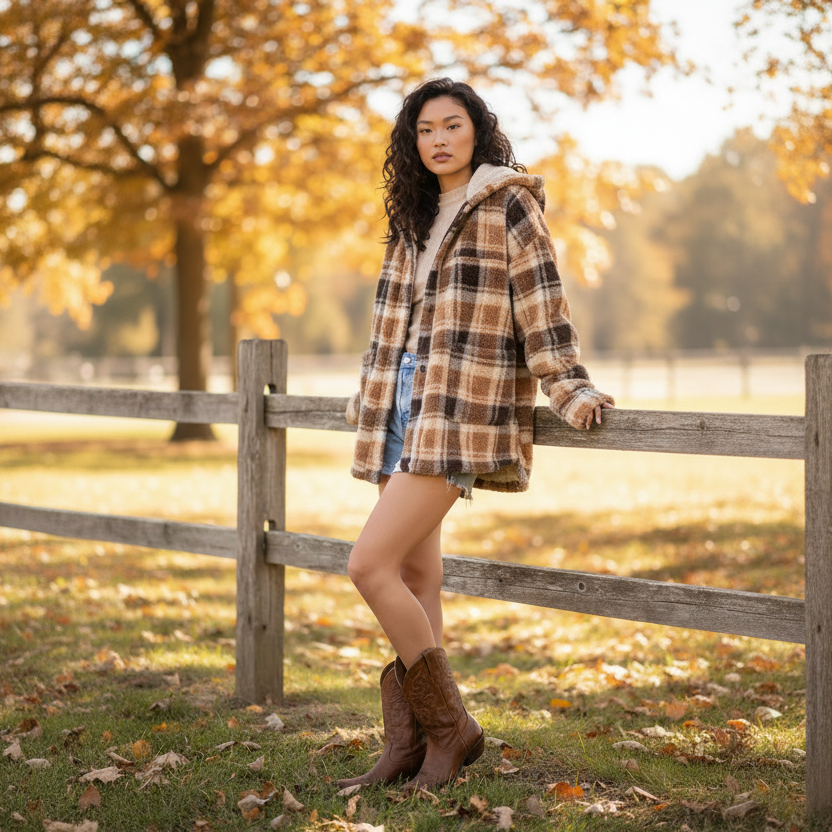 Cozy Autumn: Plaid Sherpa Shacket with Sweater and Cowboy Boots — Shacket Outfits 2027