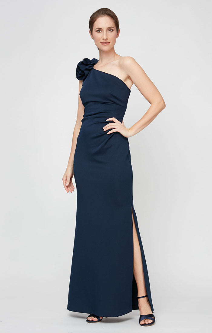 Navy Blue One-Shoulder Dress with Prominent 3D Floral Shoulder Strap — 3D Floral Outfits 2027