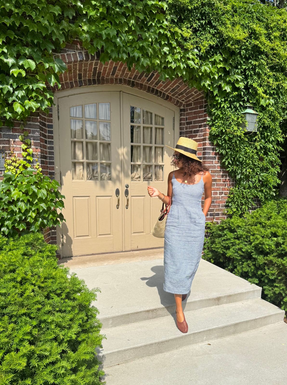 Gingham Midi Dress with Woven Accessories Gingham Midi Dress with Woven Accessories — Classic Americana Outfits 2027
