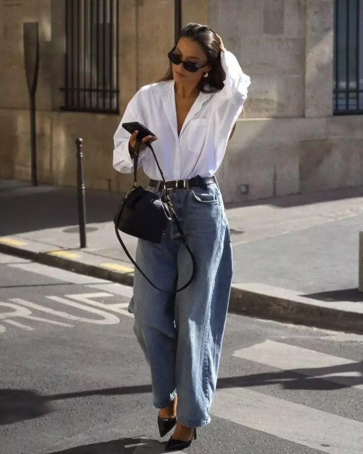 Effortless Cool: Unbuttoned Shirt with Wide-Leg Jeans — Casual Outfits 2027 for Skinny Girls