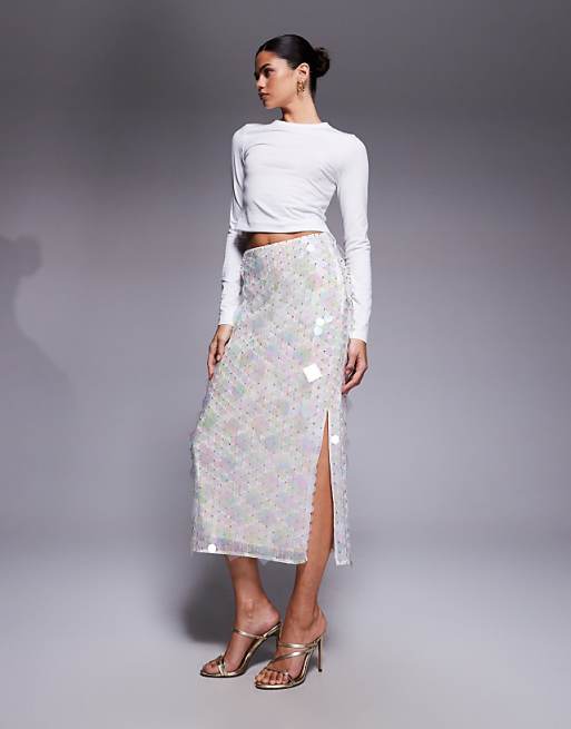 Glamorous White Sequin Midi Skirt for Evening — Midi Skirts 2027