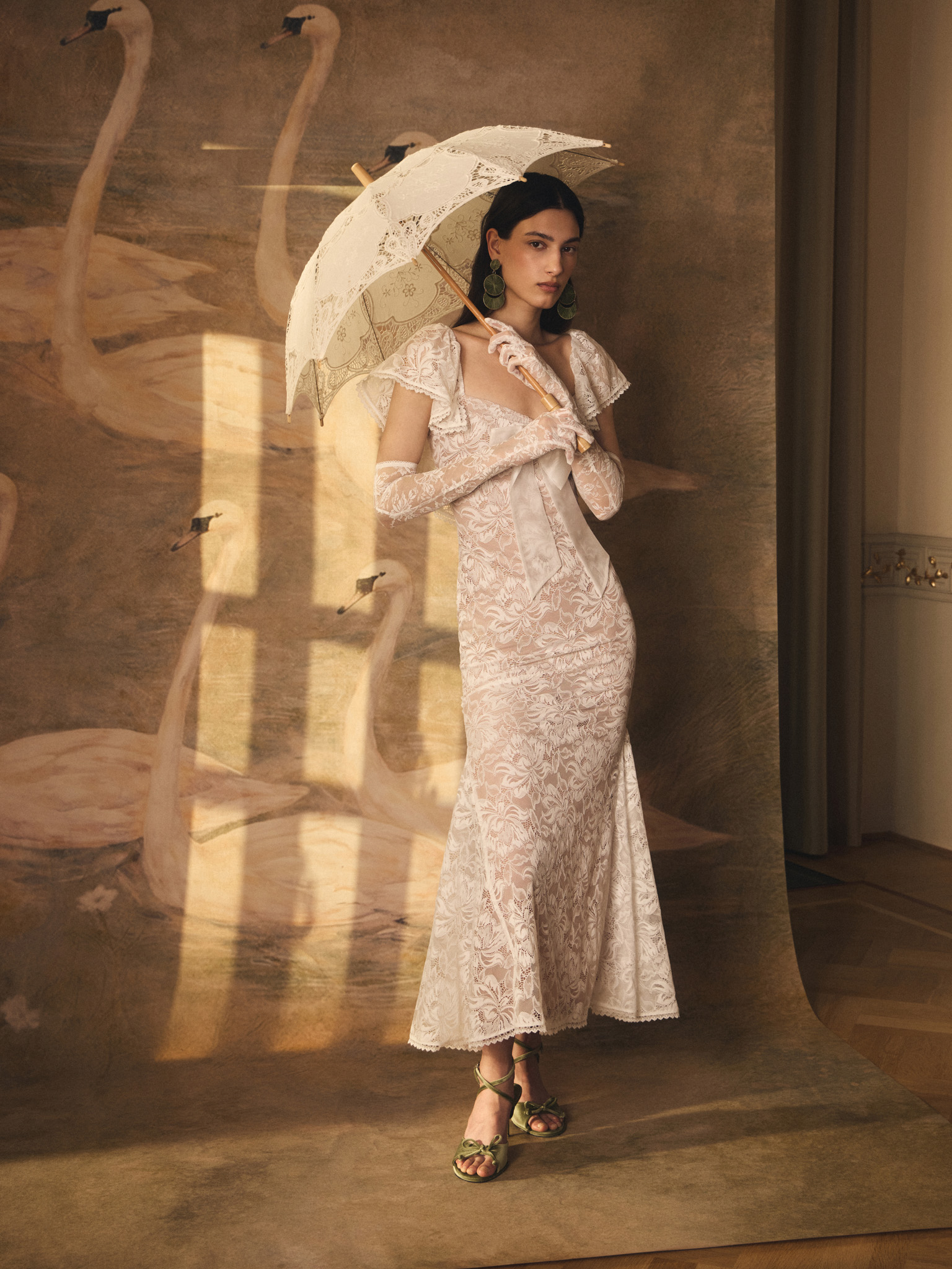 Ivory Lace Midi Dress with Neckline Bow and Cap Sleeves Ivory Lace Midi Dress with Neckline Bow and Cap Sleeves — Bows and Lace Outfits 2027