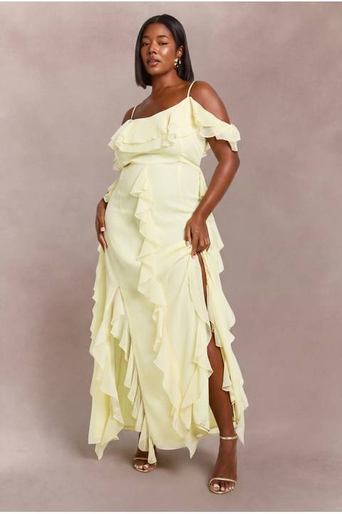 Pale Yellow Chiffon Cold-Shoulder Maxi Dress with Ruffles Pale Yellow Chiffon Cold-Shoulder Maxi Dress with Ruffles — Plus Size Wedding Guest Outfits 2027