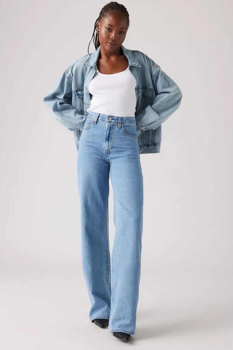 Monochromatic Denim: Light Blue Wide Leg Jeans with Matching Jacket — Wide Leg Jeans 2027