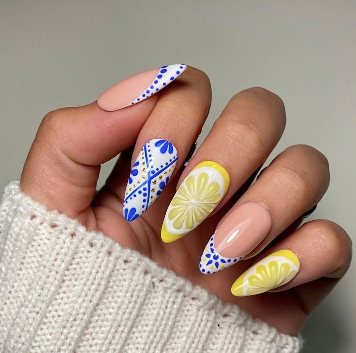 Light Blue Medium Almond With Lemon Accent Light Blue Medium Almond With Lemon Accent — Lemon Nails 2027