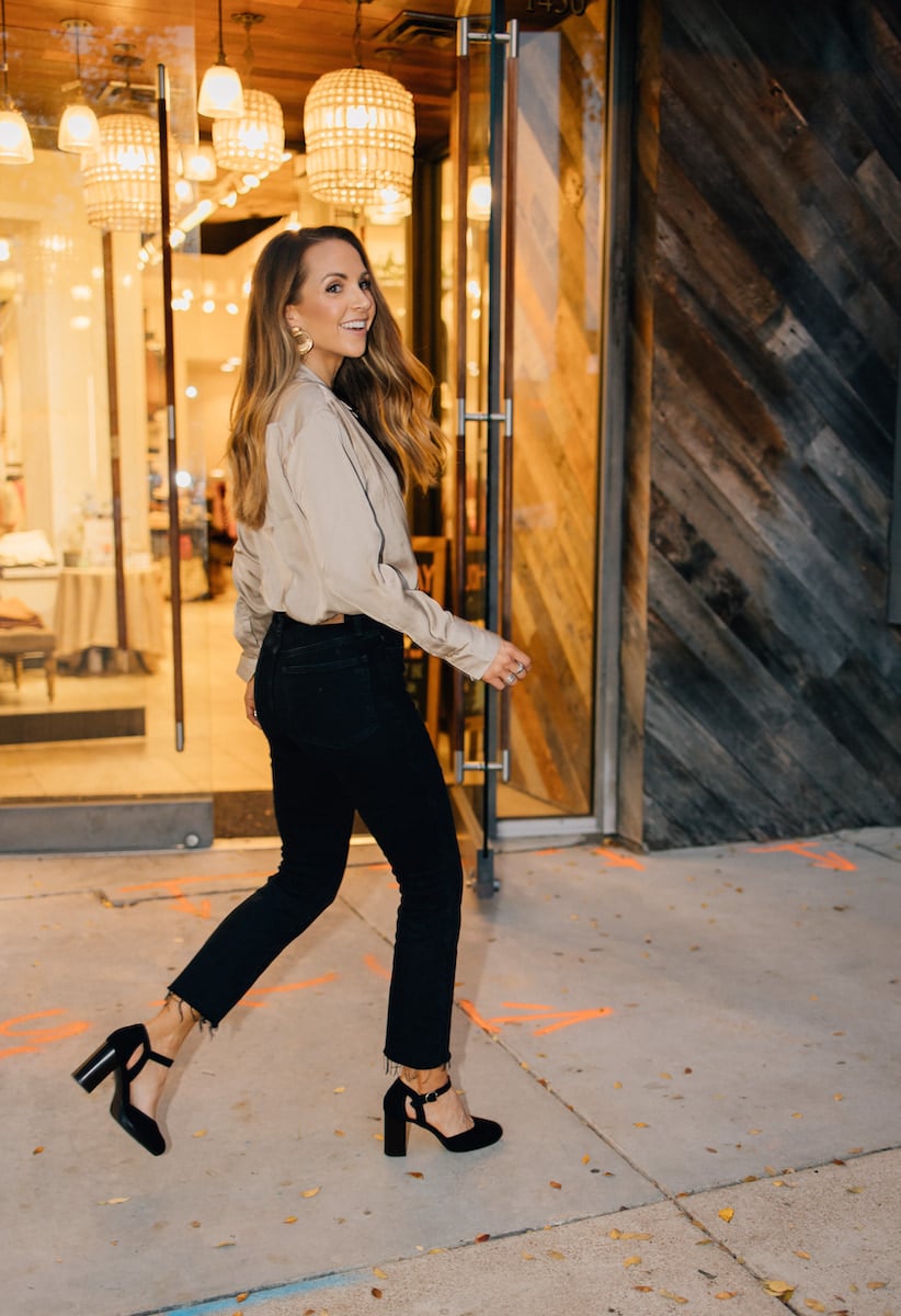 Beige Satin Blouse with Cropped Jeans for a Chic Holiday Look Beige Satin Blouse with Cropped Jeans for a Chic Holiday Look — Holiday Outfits 2026