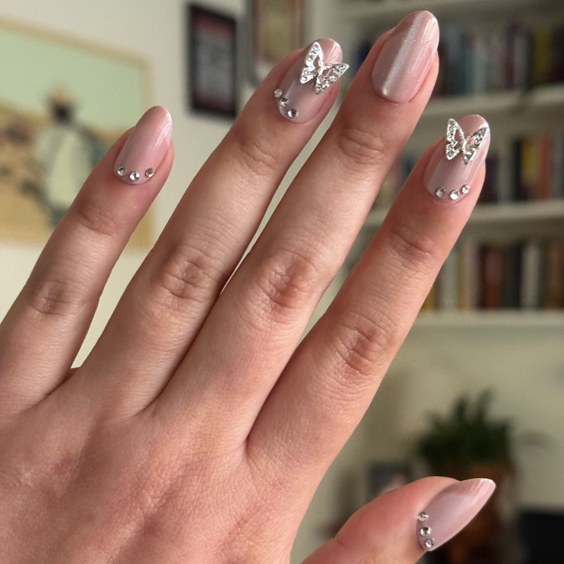 All Seasons Sheer Pink Silver Butterfly French Almonds — Short Butterfly Almond Nails 2027