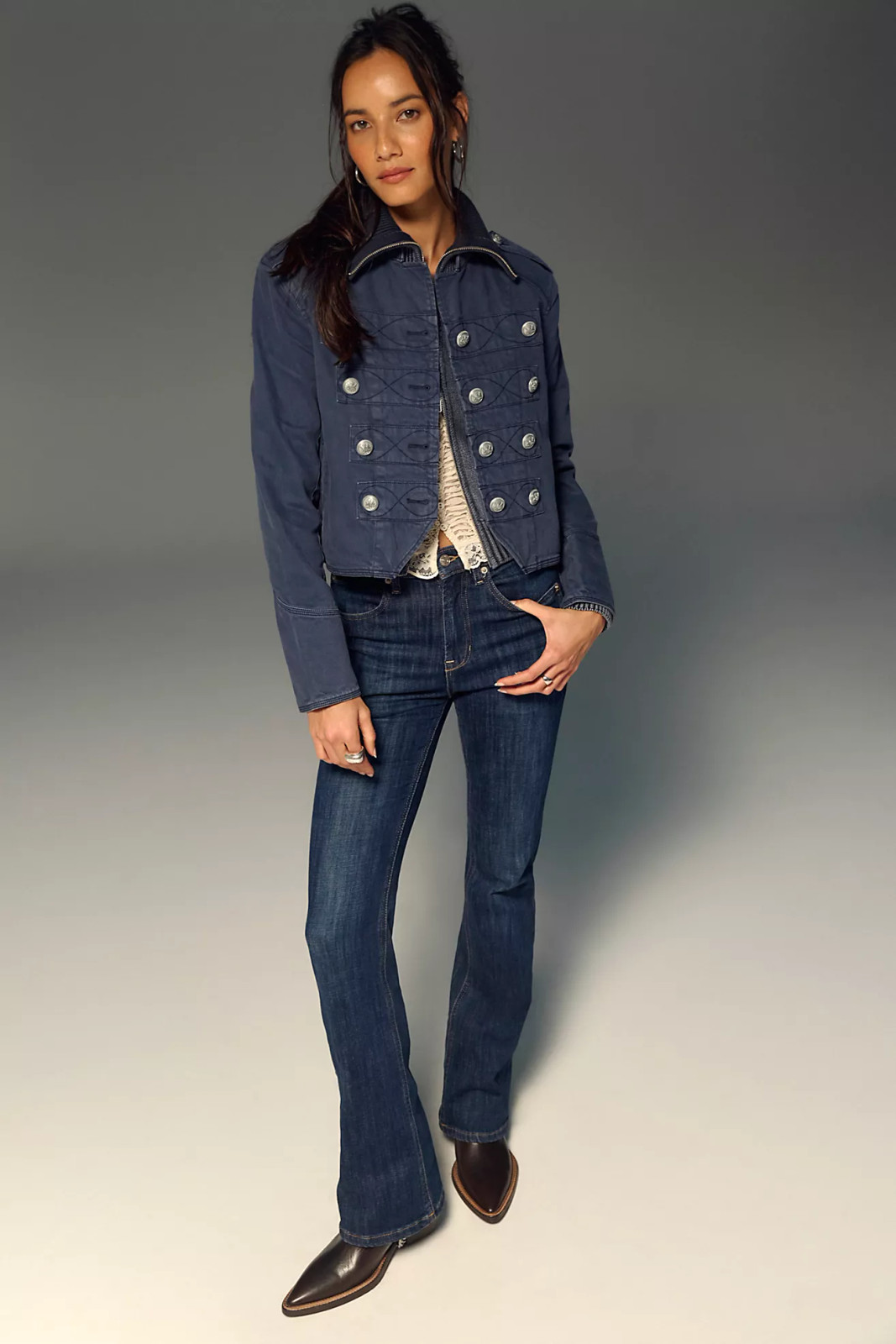 Smart Casual: Dark Wash Bootcut Jeans with Military Jacket and Patterned Top Smart Casual: Dark Wash Bootcut Jeans with Military Jacket and Patterned Top — Bootcut Jeans Outfits 2027 with Denim Jacket