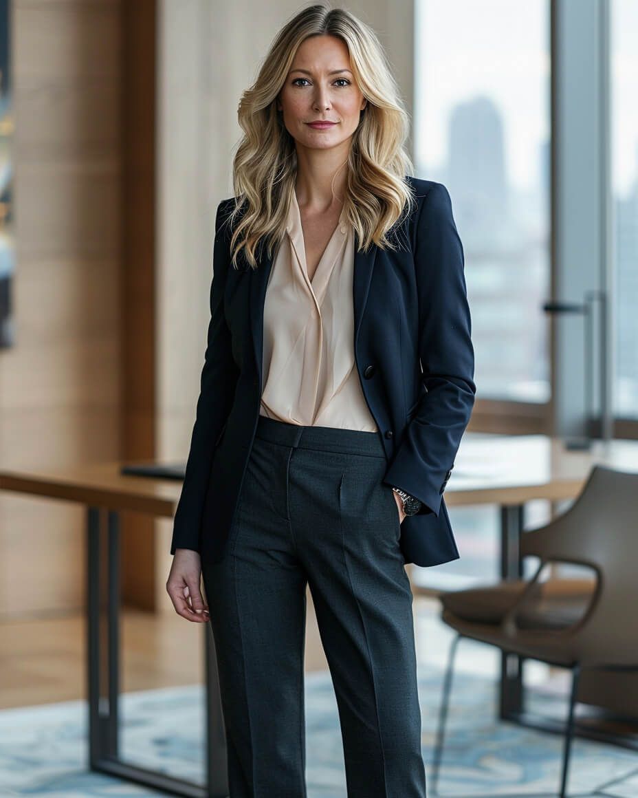 Fitted Navy Blazer and Charcoal Trousers for Executive Power Dressing Fitted Navy Blazer and Charcoal Trousers for Executive Power Dressing — Tech Office Outfits 2027