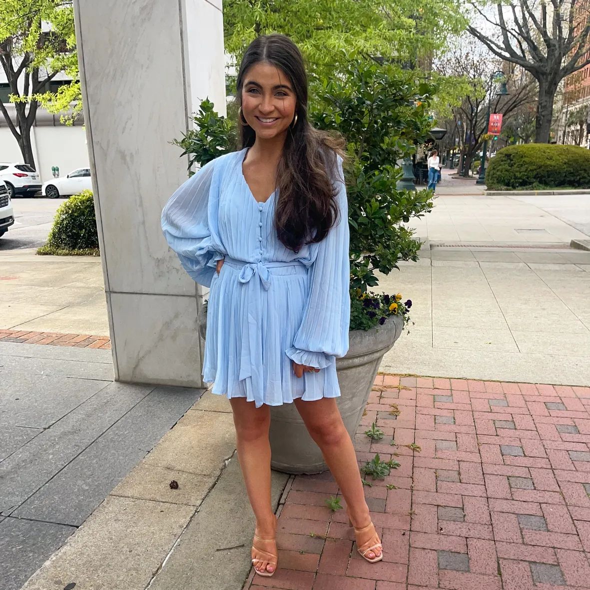 Light Blue Pleated Mini Dress with Belt Light Blue Pleated Mini Dress with Belt — Bridal Shower Dress 2027 for Guest
