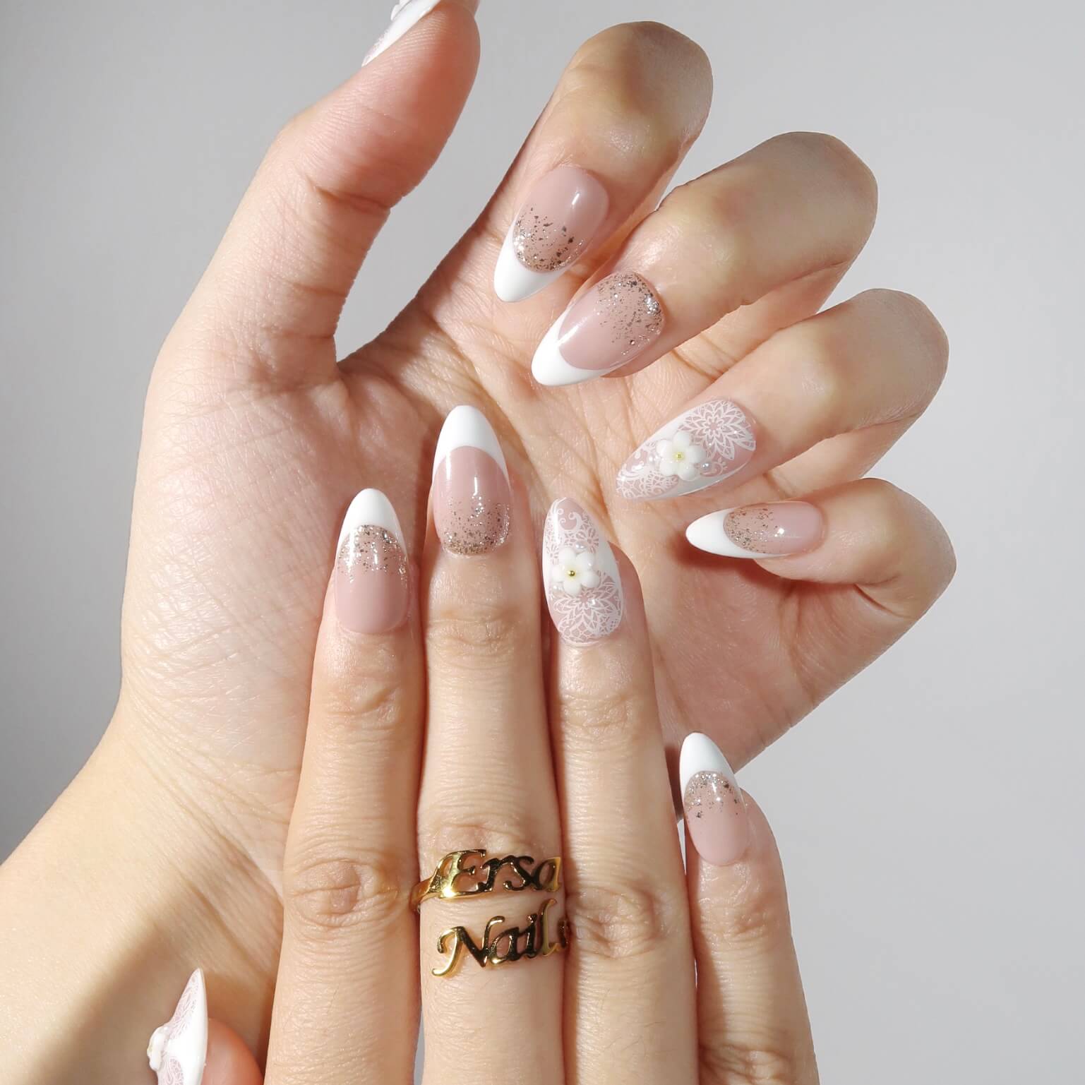 White Lace Floral French Almond Nails White Lace Floral French Almond Nails — Short Prom Nails 2027