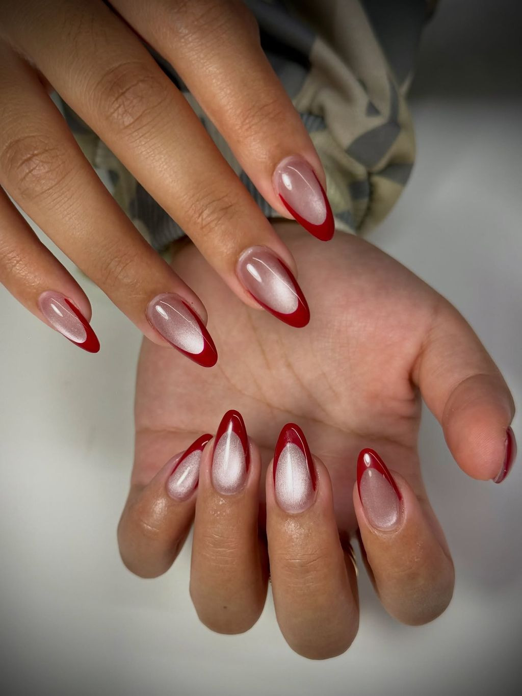 Red French Tip Cat Eye Effect On Base Cat Eye Shimmer Red French Almonds — Red French Tip Nails 2027