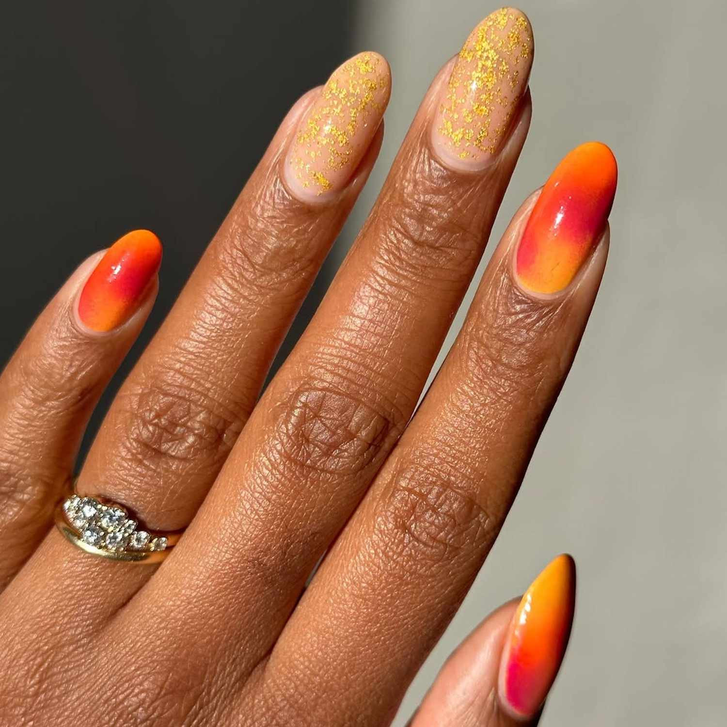 Gold Glitter Flakes On Some Nails Visual Idea Gold Glitter Flakes On Some Nails Visual Idea — Pink and Orange Sunset Nails 2027