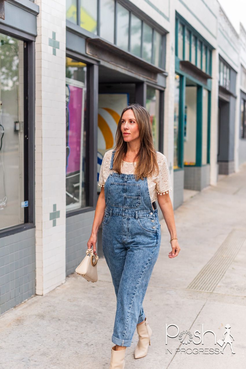 Acid Wash Denim Overalls with a White Eyelet Top and Beige Ankle Boots Acid Wash Denim Overalls with a White Eyelet Top and Beige Ankle Boots — Overalls 2027