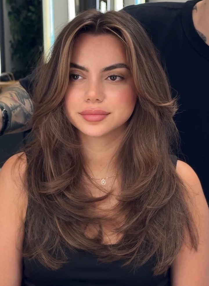 Dark Brown With Blonde Highlights Mid-Back Blowout With Curtain Bangs Dark Brown With Blonde Highlights Mid-Back Blowout With Curtain Bangs — Face Framing Layers 2027
