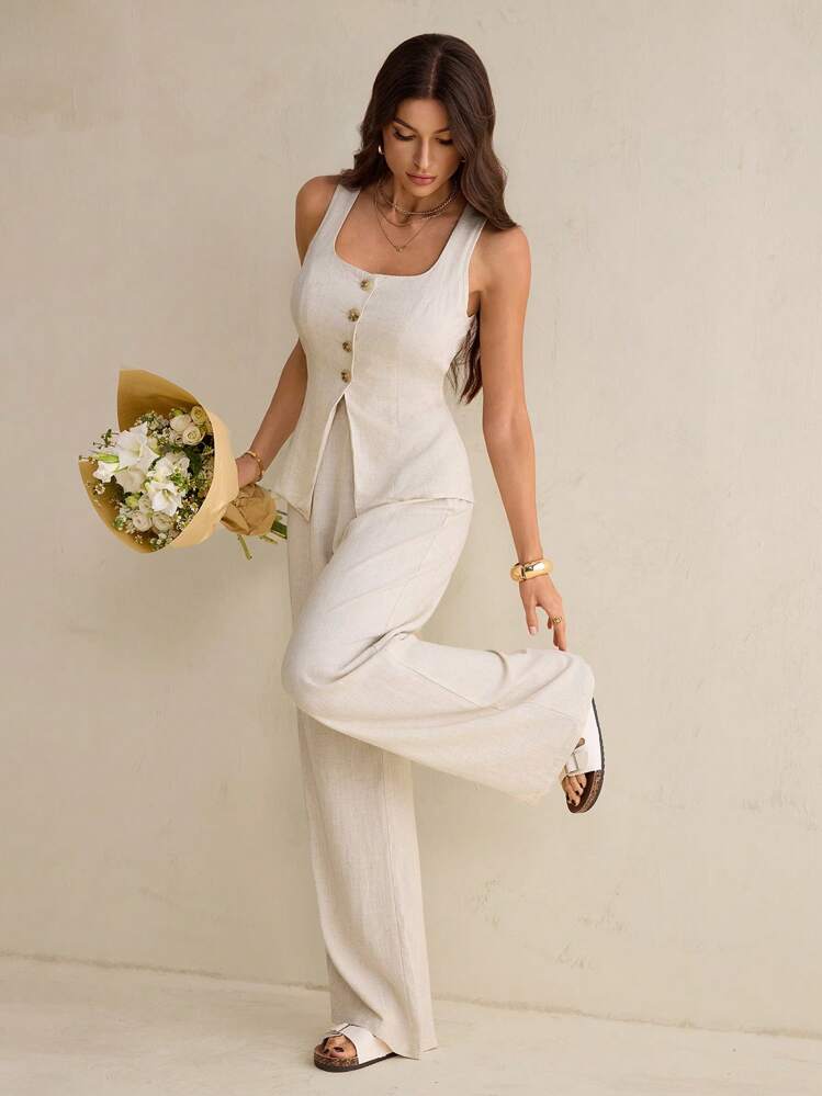 Neutral Beige Linen Vest and Wide-Leg Trousers Set — Tall Women Outfits 2027