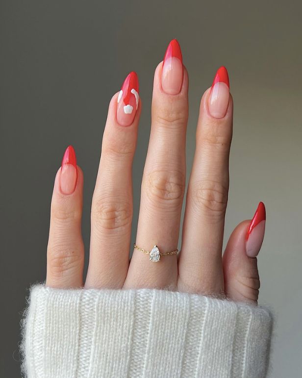 Long Almond Santa Hat French Tips Long Almond Santa Hat French Tips — Santa Nails 2026