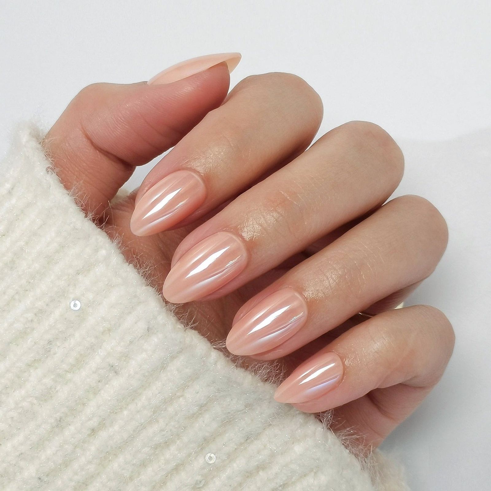 Peachy Nude Iridescent Shimmer Almonds Peachy Nude Iridescent Shimmer Almonds — Champagne Nails 2027