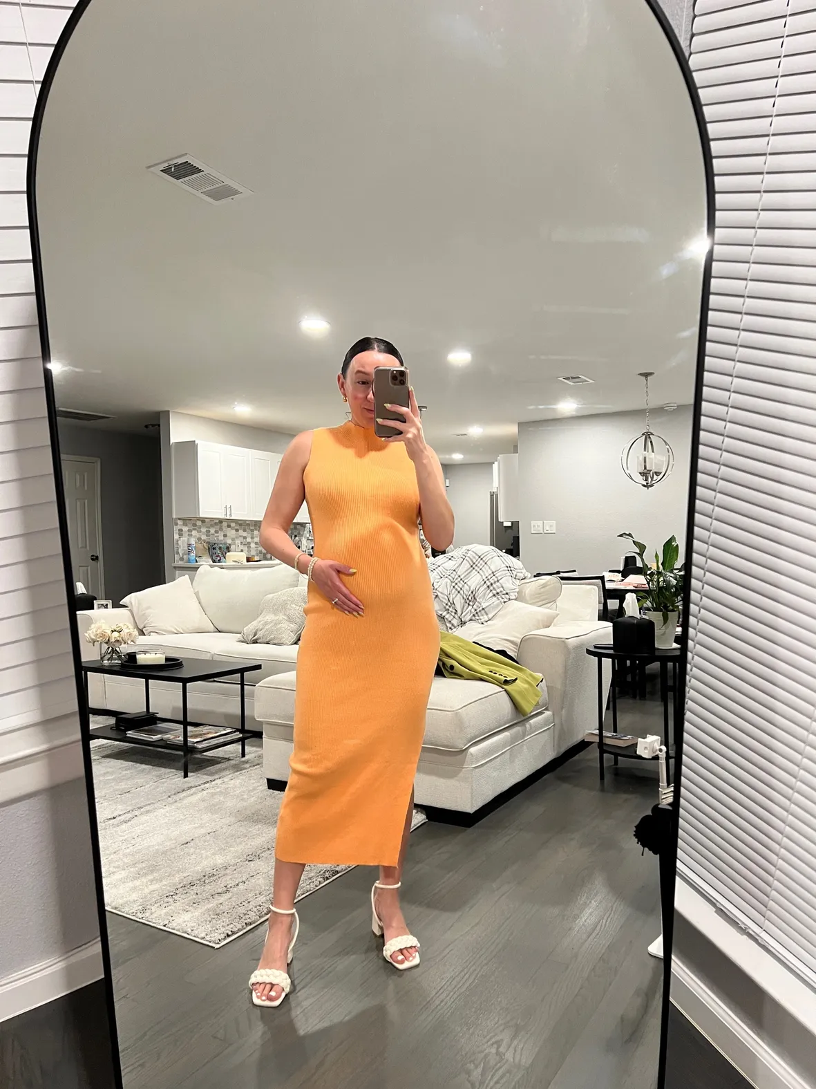 Bright Orange Ribbed Knit Midi Dress for a Vibrant Shower Bright Orange Ribbed Knit Midi Dress for a Vibrant Shower — Summer Baby Shower Outfits 2027