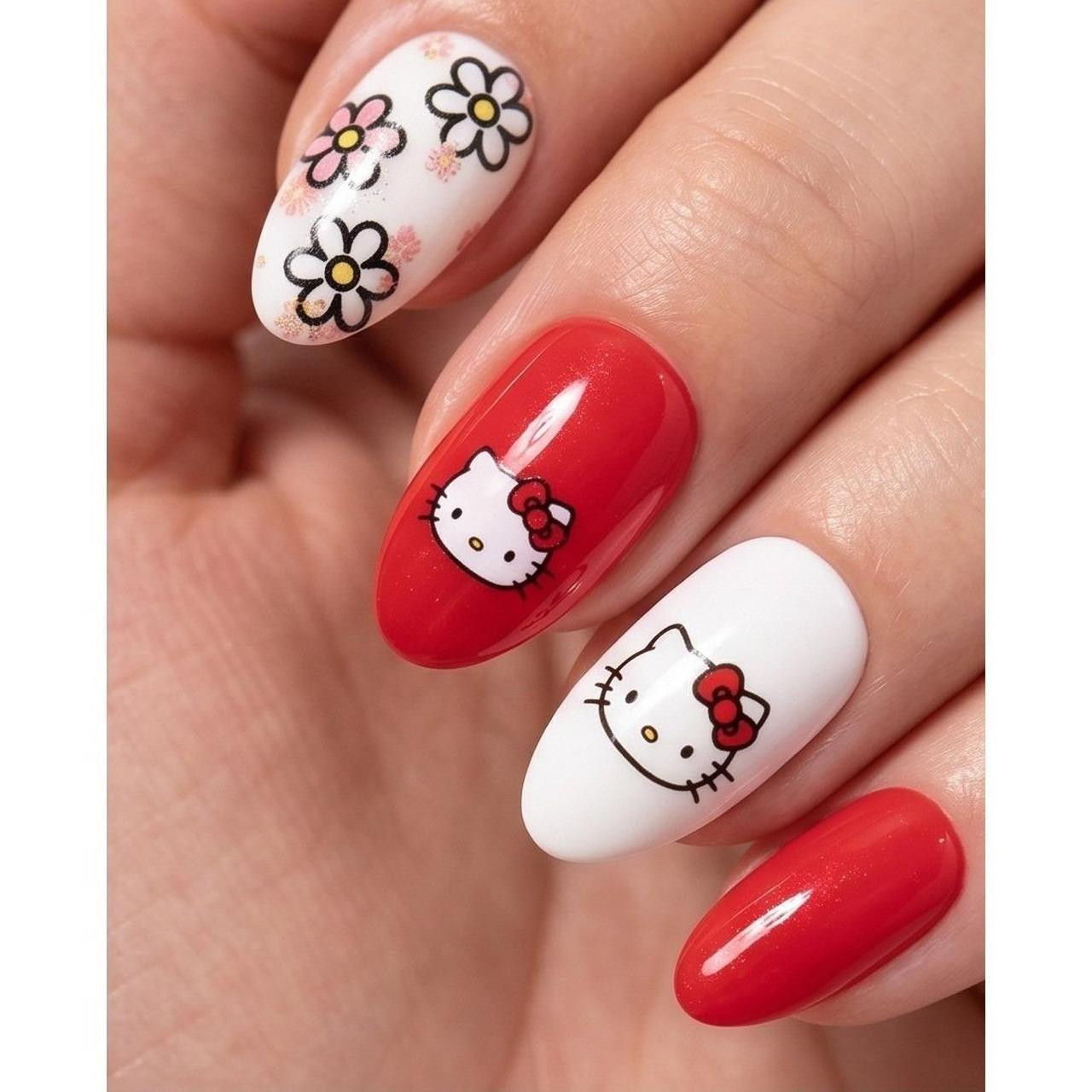 Medium Oval Red Hello Kitty Floral Nails — Red Hello Kitty Nails 2027