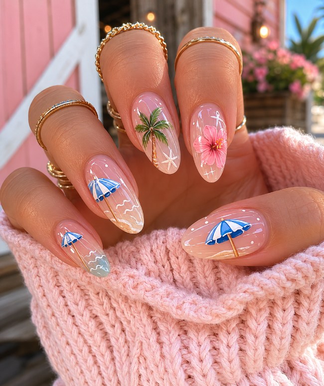 Long Almond Hand-Painted Beach Scenes Long Almond Hand-Painted Beach Scenes — Beach Nails 2027