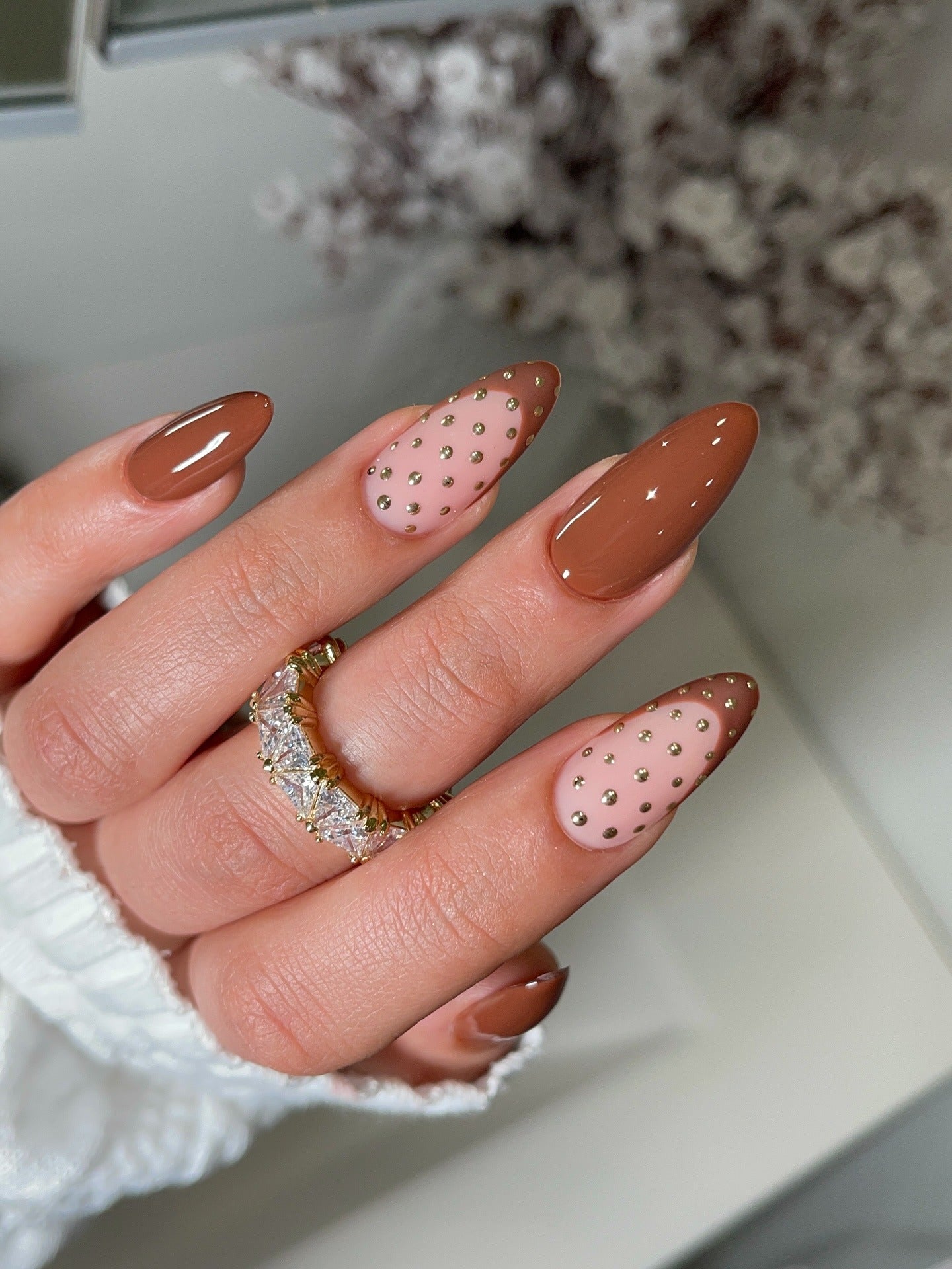 Brown and Pink Almond Nails with Gold Dots — Winter Oval Nails 2027