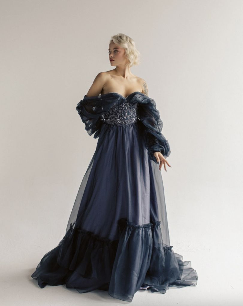 Midnight Blue Off-the-Shoulder Dress with Sheer Sleeves — Colored Wedding Dresses 2027