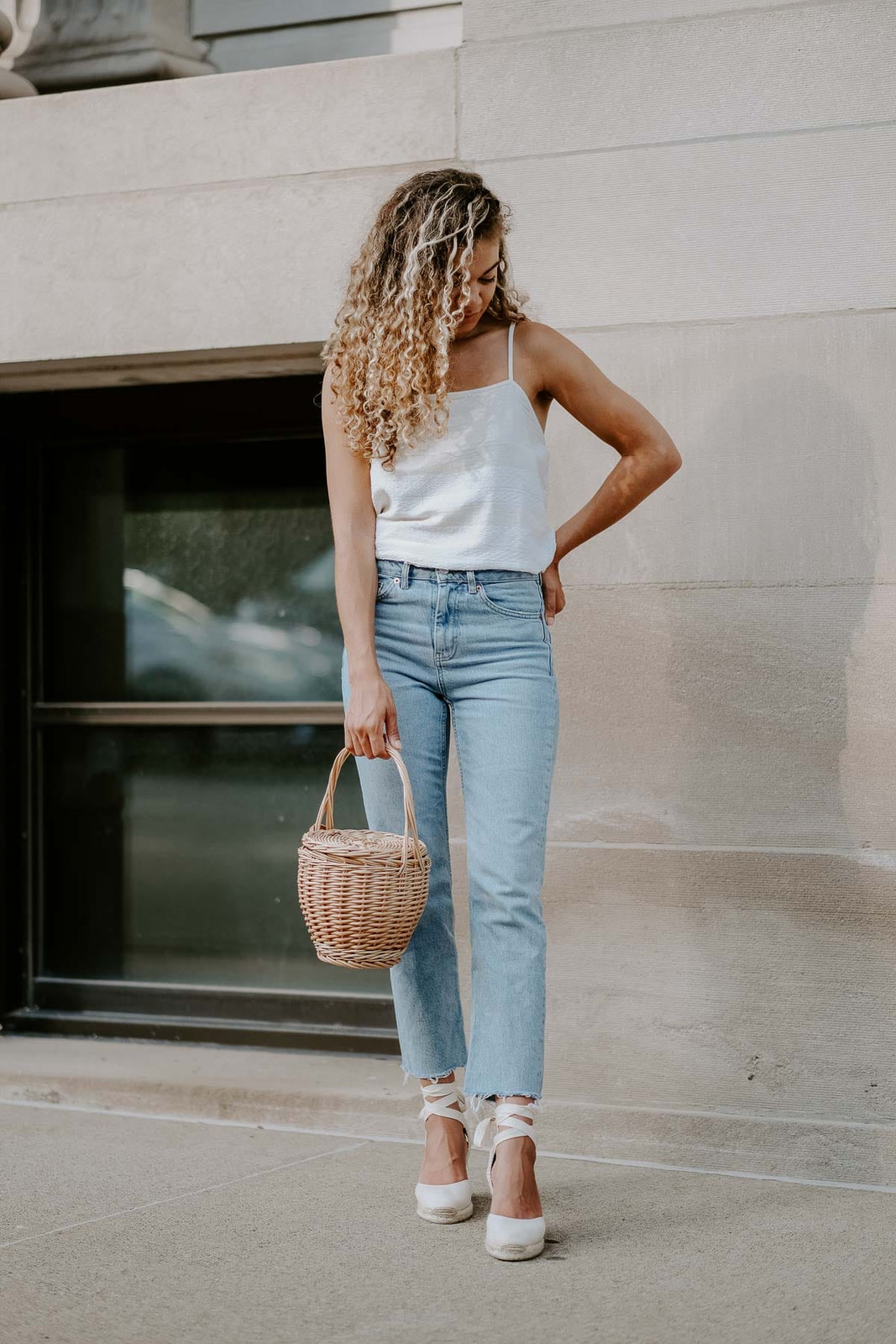 White Espadrille Wedges with Satin Camisole and Light Blue Jeans — Vacation Espadrilles Outfits 2027