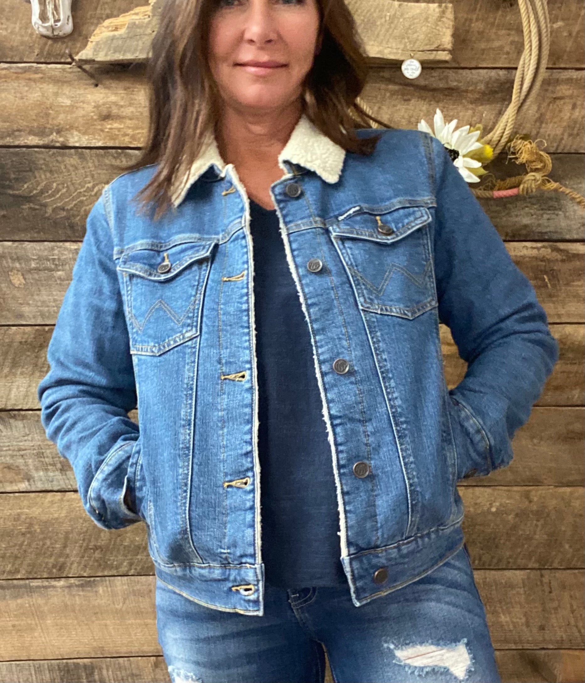 Sherpa-Lined Denim Jacket and Slim Jeans for a Classic Western Look — Winter Western Outfits 2027