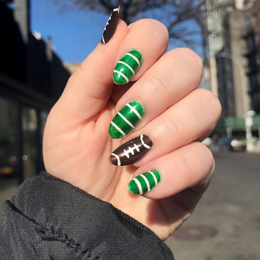 Dark Brown Football & Green Stripes Dark Brown Football & Green Stripes — Football Nails 2026