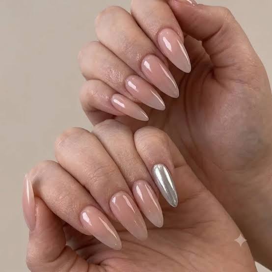 Nude Pink with Single Silver Chrome Accent Nude Pink with Single Silver Chrome Accent — Silver Nails 2027